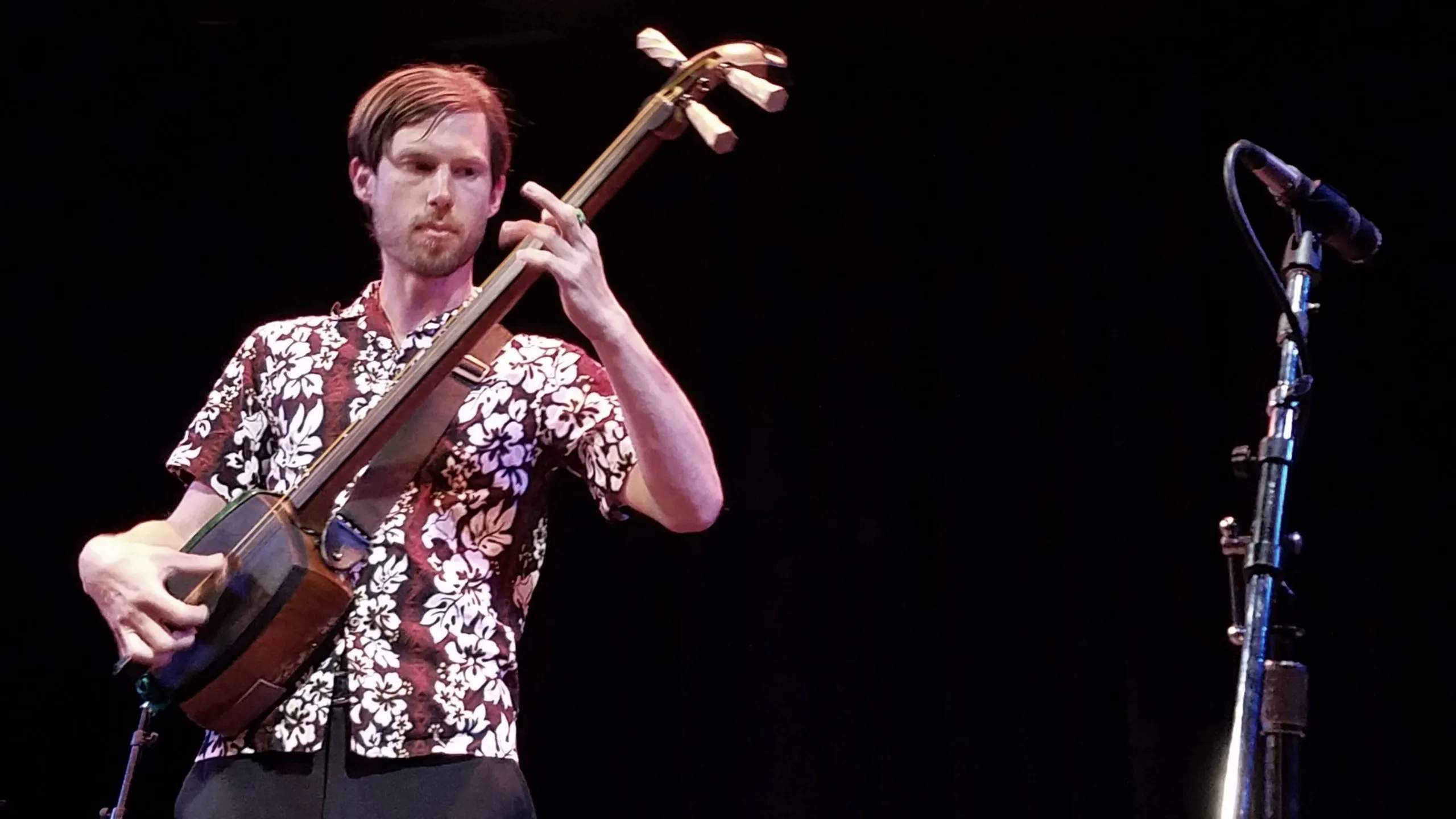 Kyle performing solo shamisen on a dark stage